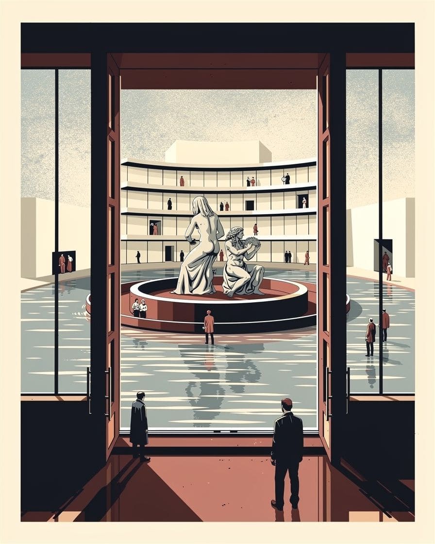 Illustration: Ein Galeriestand bei Art Basel in der Messe Basel, Besucher betrachten grossformatige Gemälde an weissen Wänden unter hellem Licht