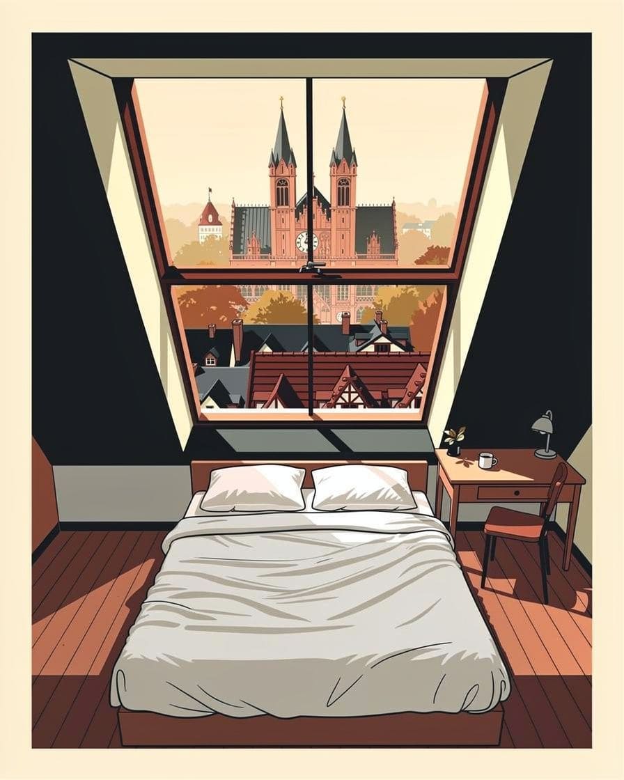 Illustration: Ein schlichtes Doppelzimmer in einem Basler Altstadthotel mit Blick über die Dächer auf die Türme des Münsters