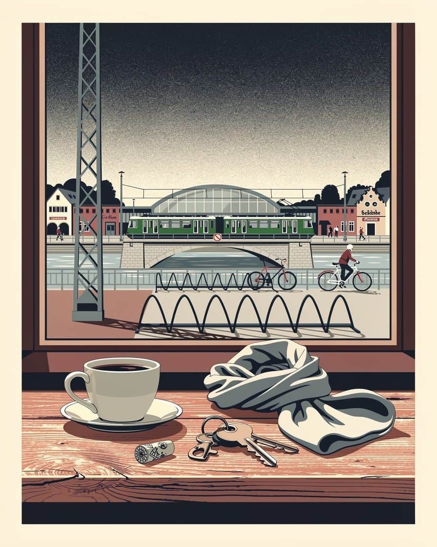 Illustration: Das Rheinufer von Kleinbasel am Abend mit Restaurants und Bars an der Promenade, wenige Minuten vom Messeplatz in Basel