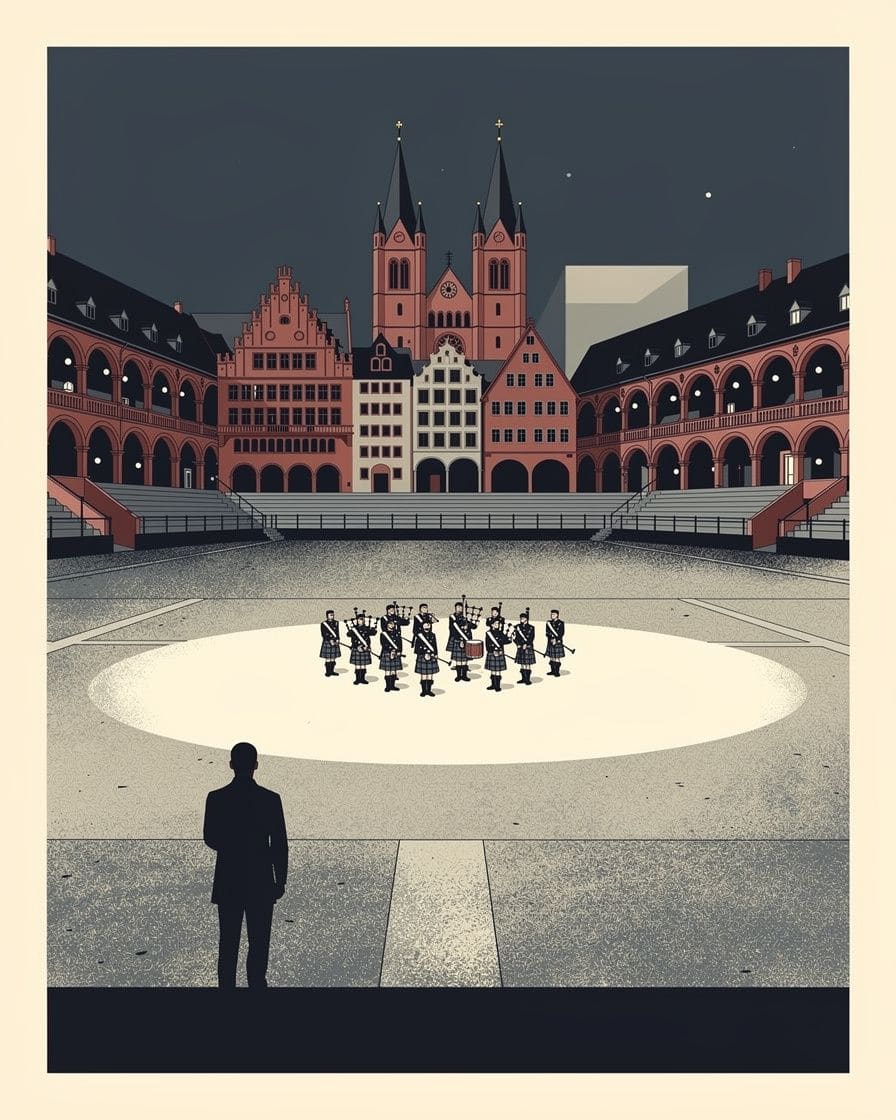 Illustration: Die Arena des Basel Tattoo im Hof der Kaserne Basel bei Nacht, Pipe Band in Kilts auf dem beleuchteten Platz, Tribünen voller Zuschauer