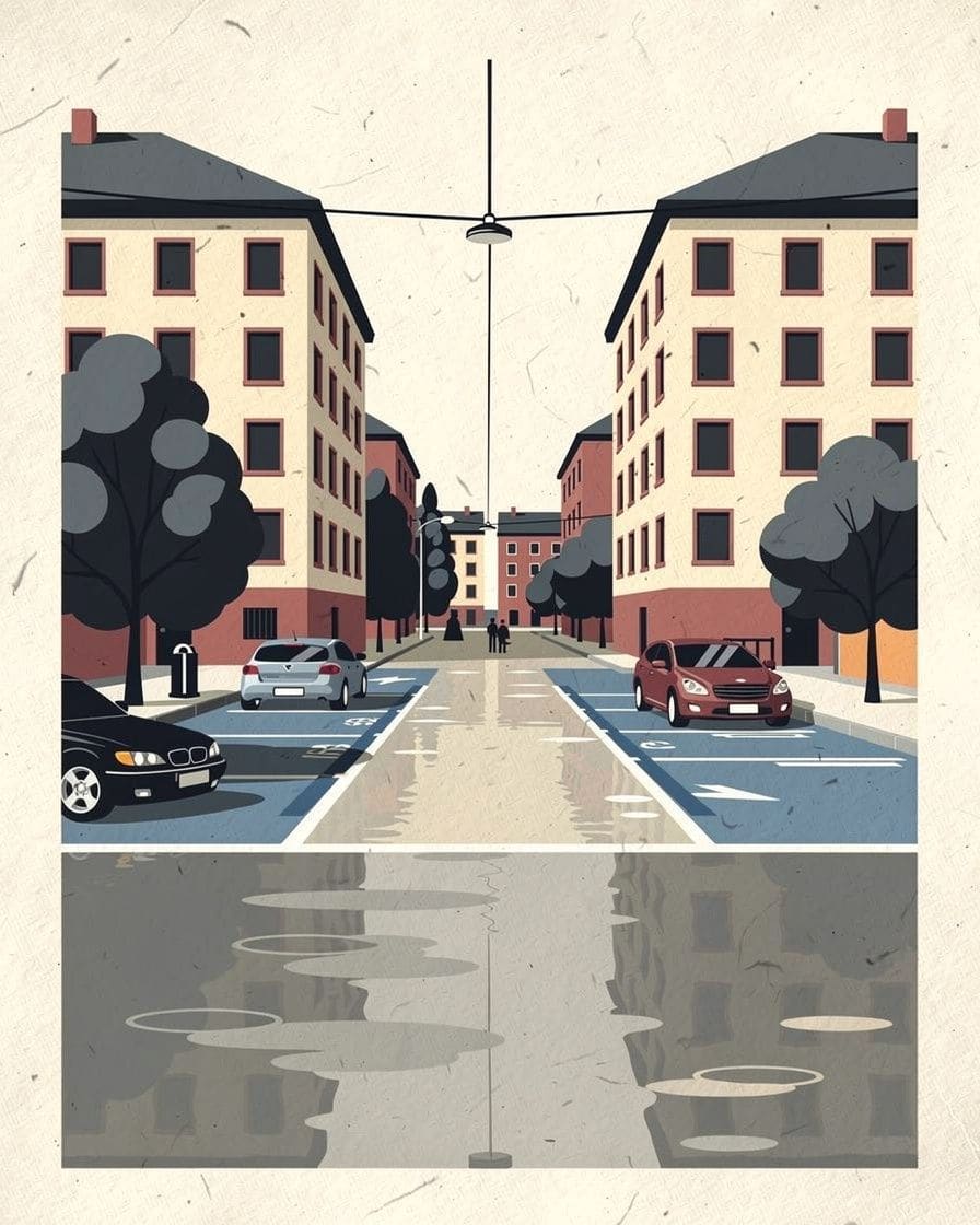 Illustration: Eine Basler Wohnstrasse mit blau markierten Parkfeldern der Blauen Zone, in denen mit Parkscheibe geparkt wird