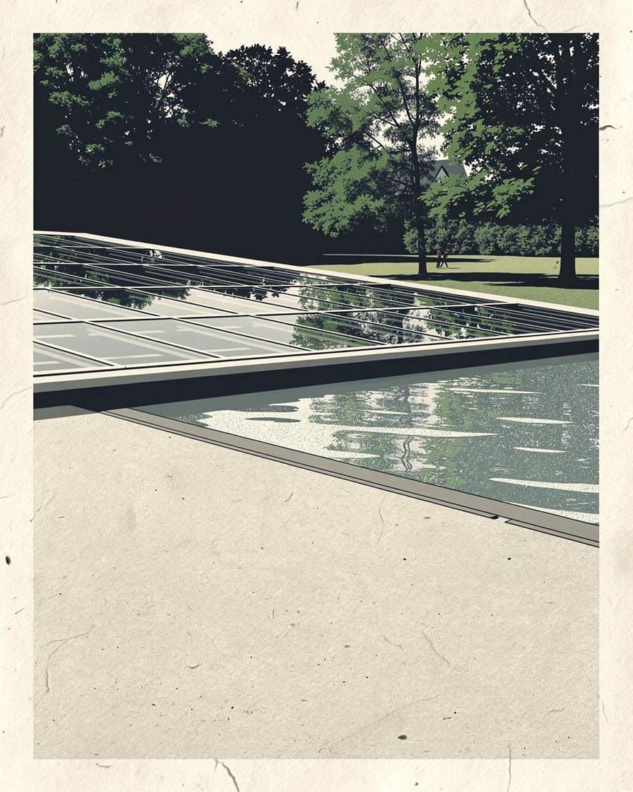 Illustration: Die Fondation Beyeler in Riehen bei Basel, der lange flache Bau von Renzo Piano mit Glasdach, davor der Seerosenteich und Bäume des Parks