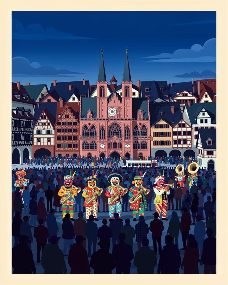 Illustration: Eine Guggenmusik in bunten Kostümen und Masken spielt am Dienstagabend der Basler Fasnacht auf einem Platz der Altstadt vor dichtem Publikum