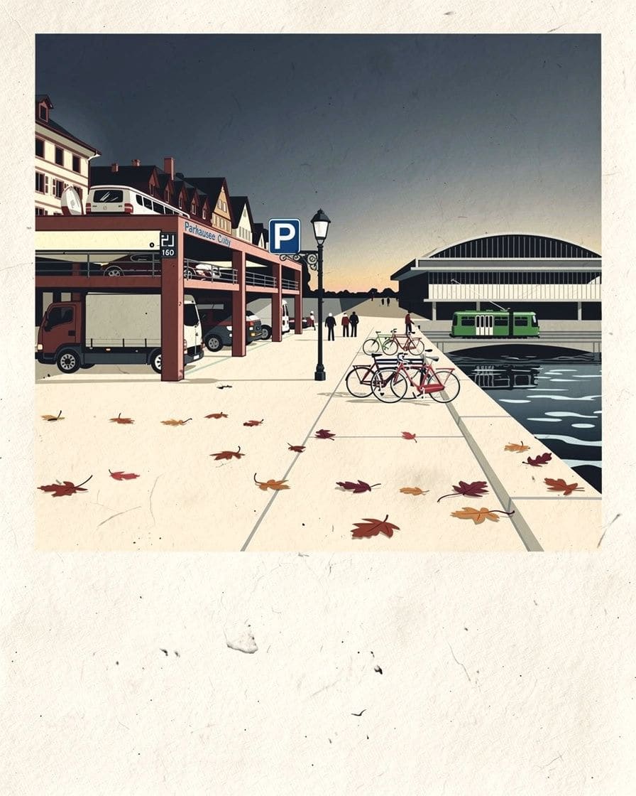 Illustration: Einfahrt des Parkhauses City in Basel an einer Strasse der Altstadt, mit blauem P-Schild und Anzeige der freien Plätze
