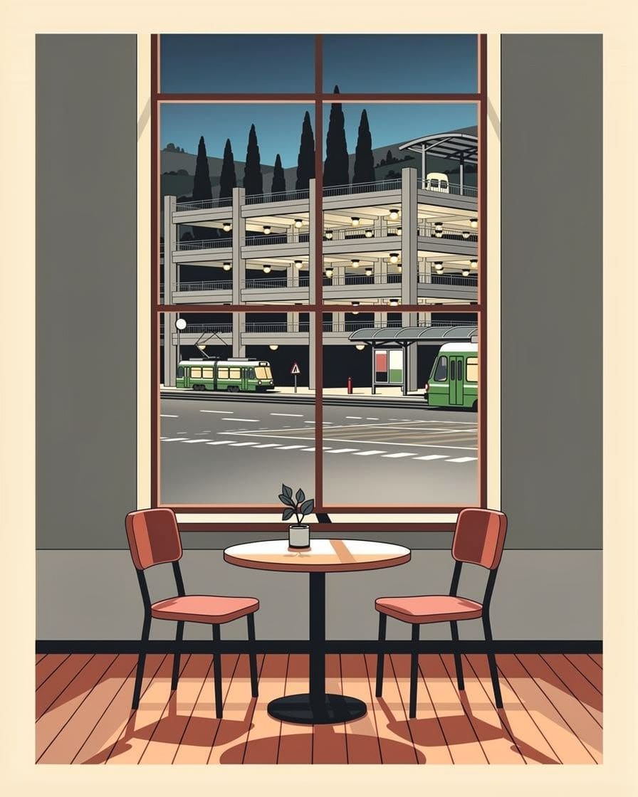Illustration: Ein mehrstöckiges Parkhaus am Basler Stadtrand mit offener Fassade, daneben eine Tramhaltestelle und eine Ausfallstrasse