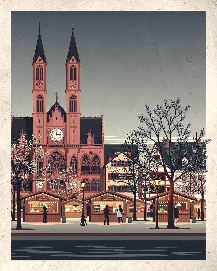 Illustration: Der Weihnachtsmarkt auf dem Münsterplatz in Basel am Abend, beleuchtete Holzstände zwischen den Bäumen, dahinter das rote Münster mit seinen zwei Türmen